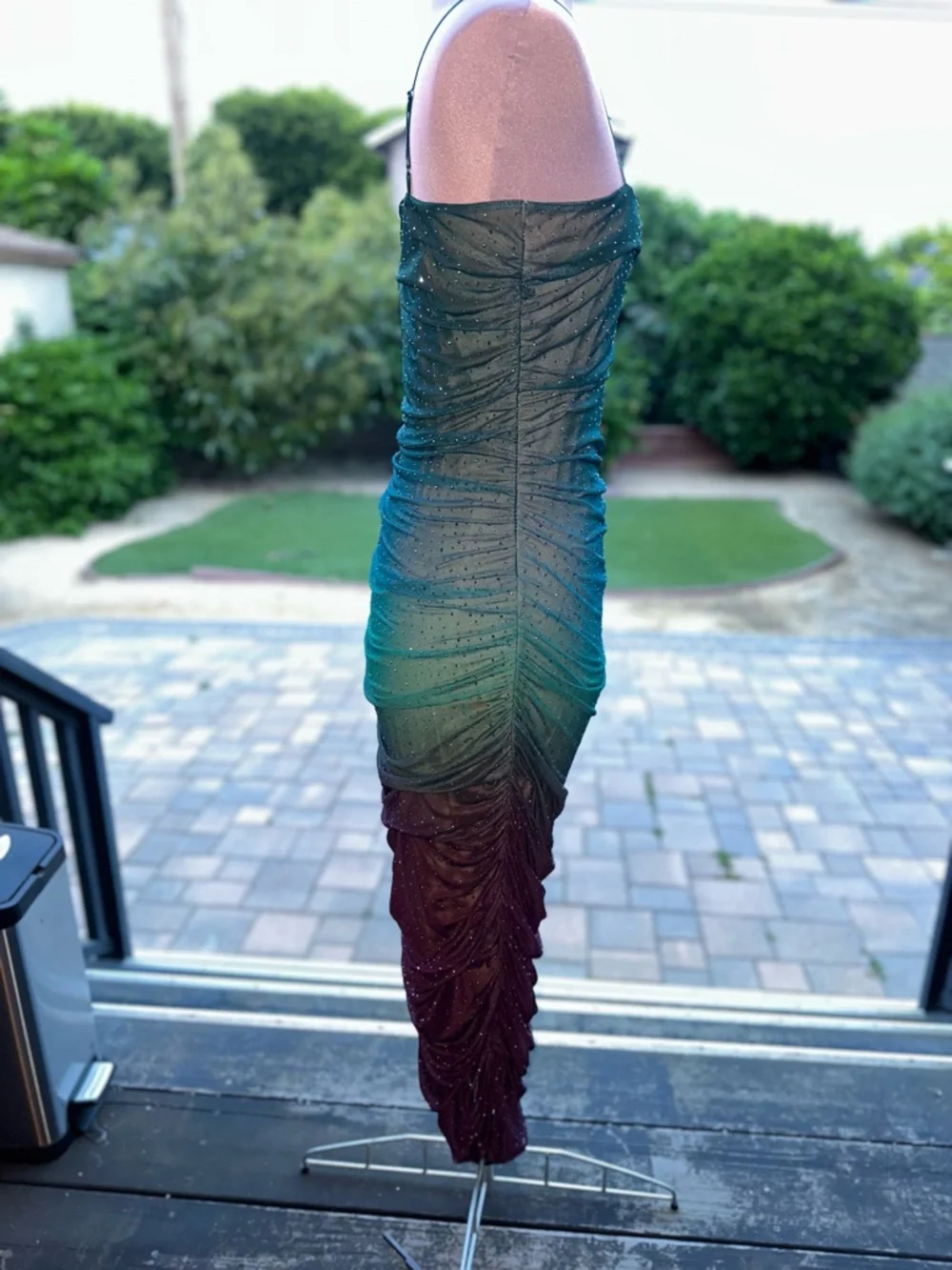 Strappy Sheer  Ombre Ruched Midi Dress in Teal to Plum - Picture 5 of 6